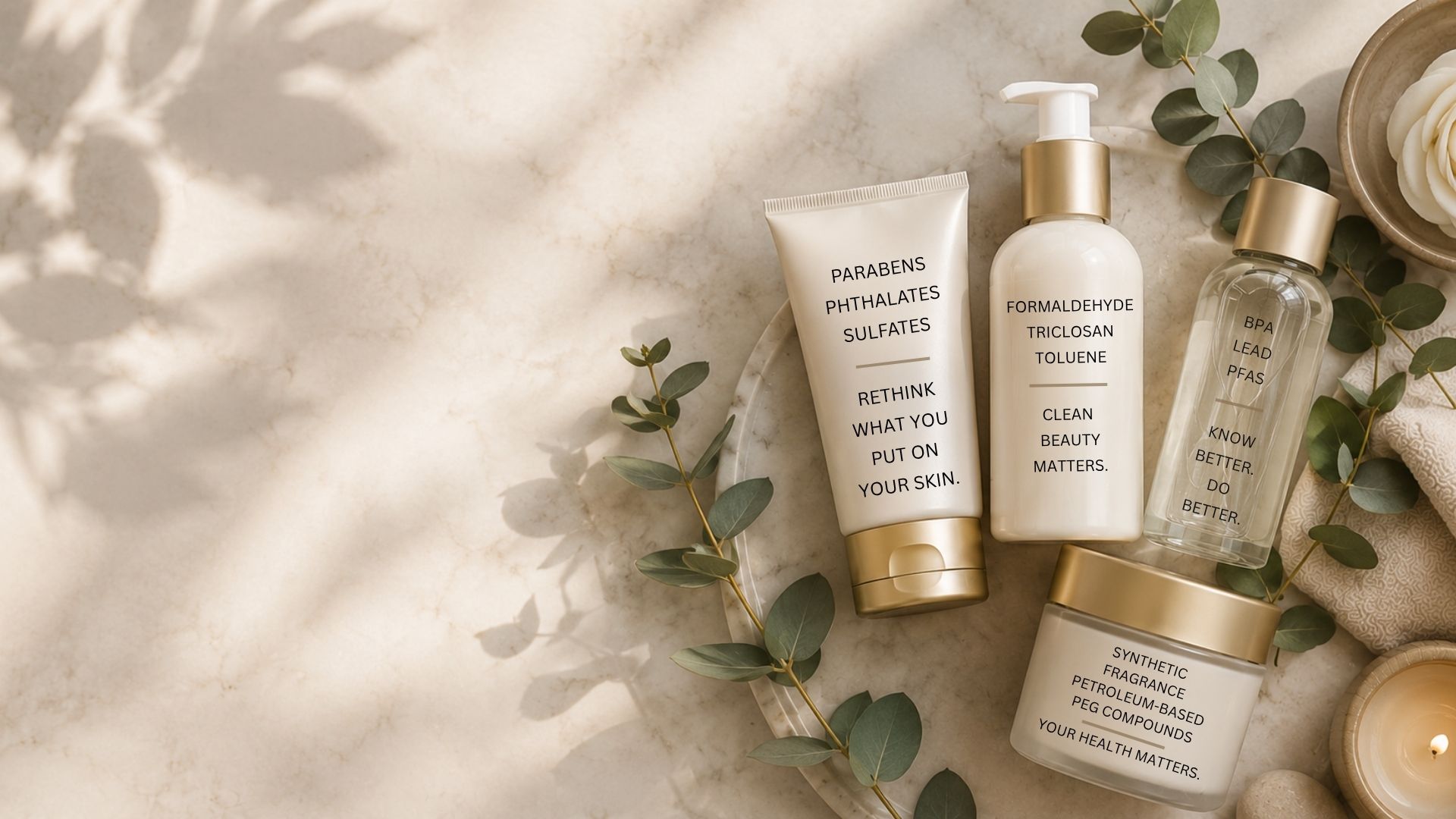 Beauty product tubes, bottles and jars labeled with ingredients to avoid, arranged with eucalyptus on a marble tray
