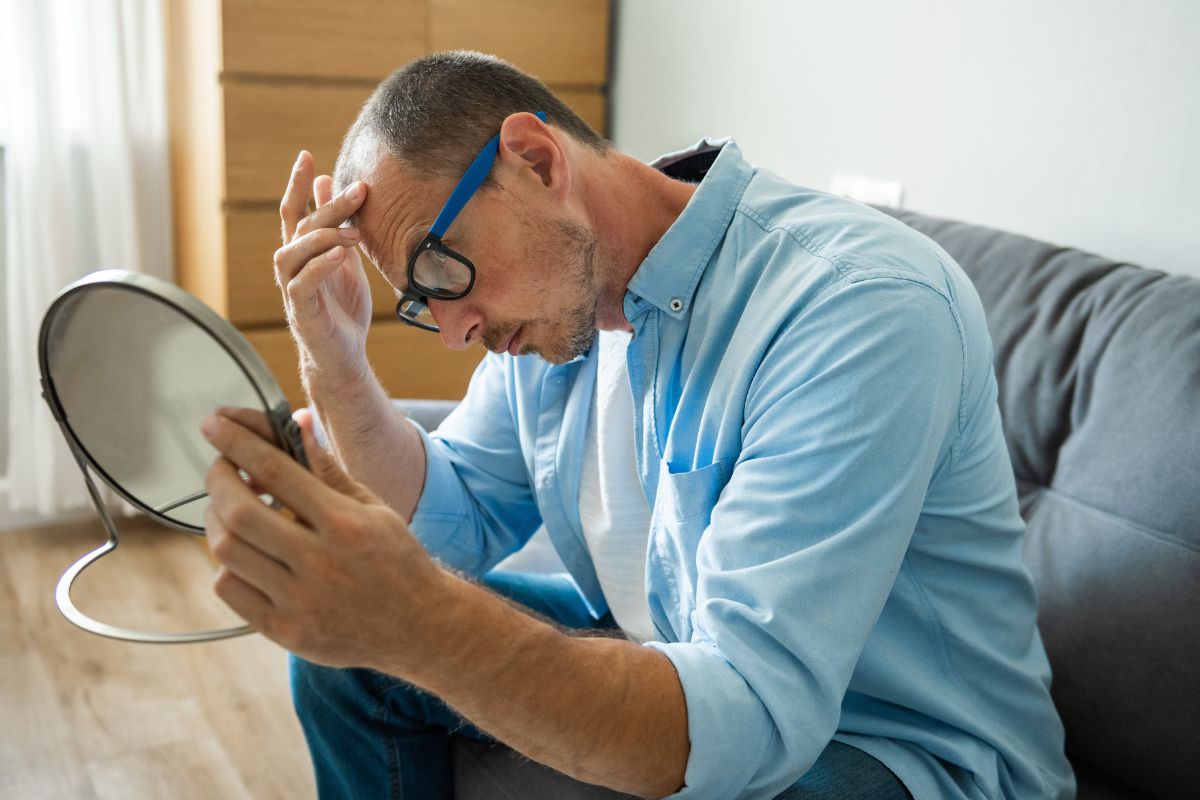 Man checking his thinning hair in a mirror
